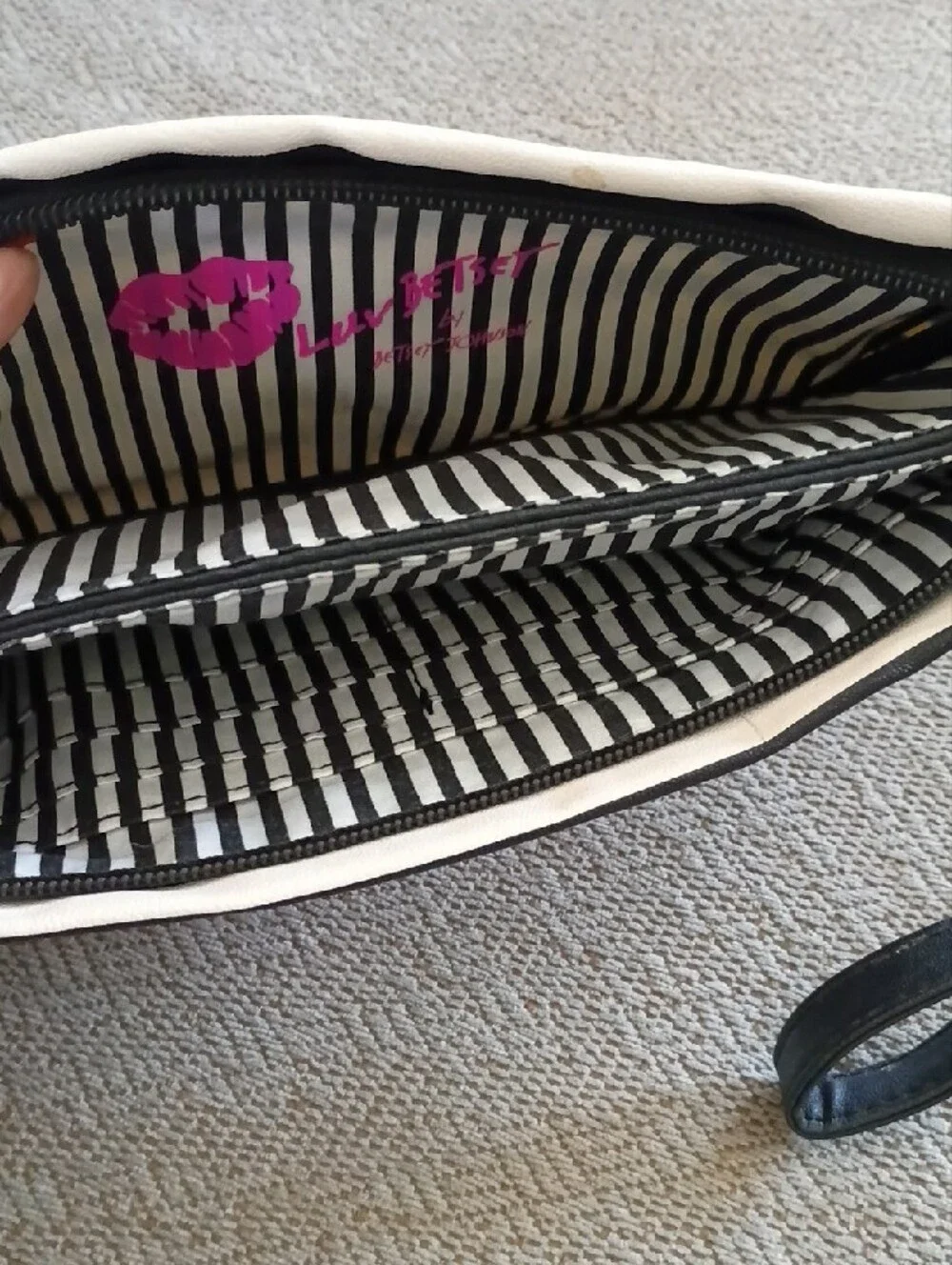 Betsey Johnson Black & White Striped Wristlet with Fuchsia Glitter Heart
